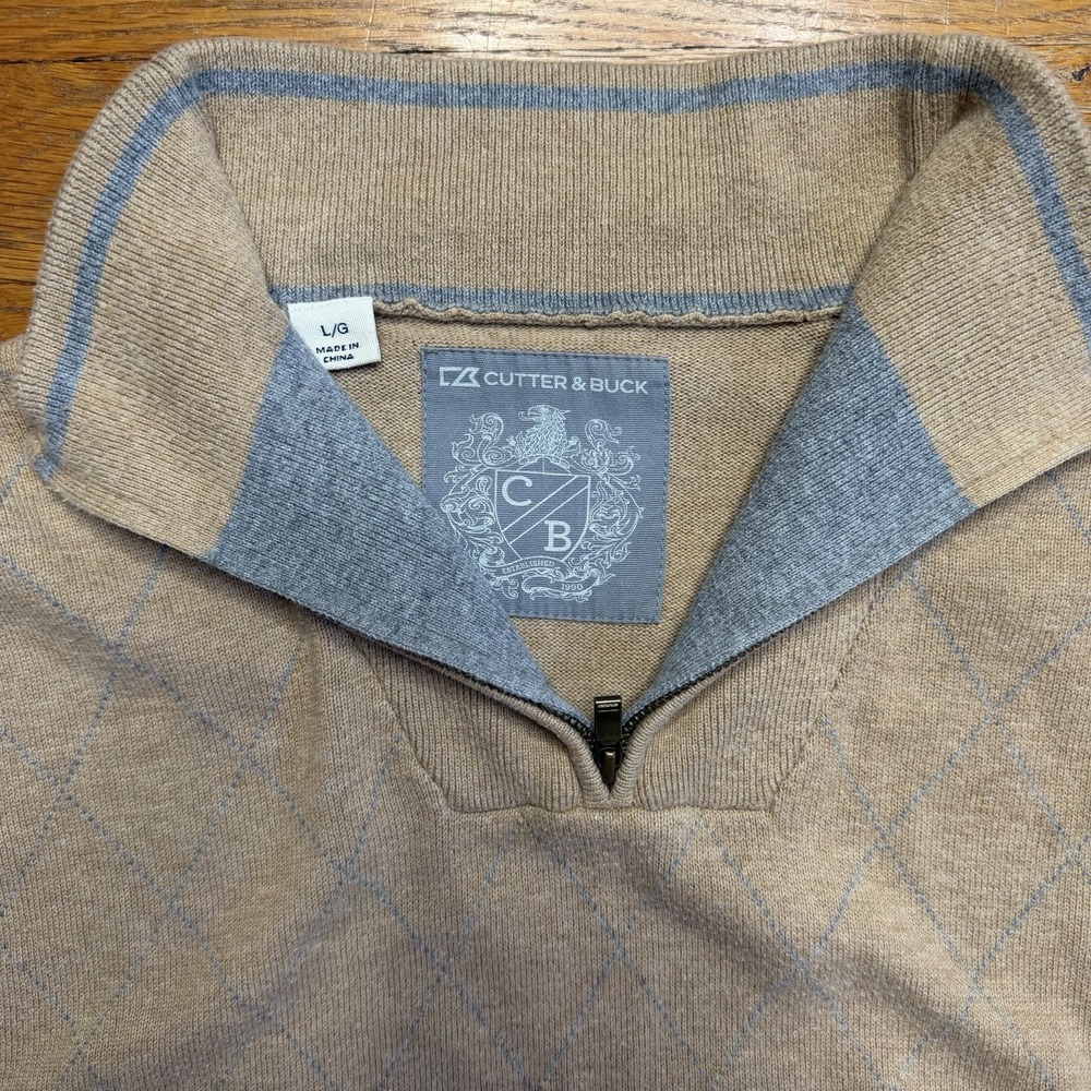 Cutter & Buck Men 1/4 Zip Sweater Argyle Knit Tan Elbow Patch Golf Soft Preppy